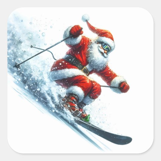 サンタクロースが雪の多い山を滑り降りる スクエアシール (正面)