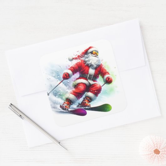 サンタクロースが雪の多い登山道をスキーで滑り降りる スクエアシール (封筒)