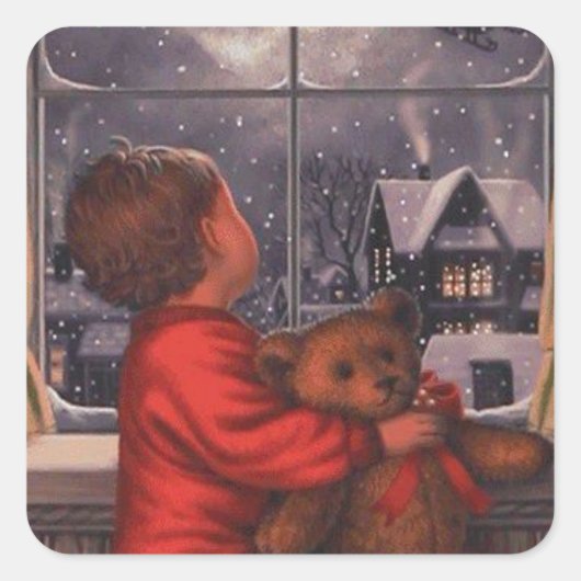 サンタクロースが飛び越えるのを見ているヴィンテージの少年 スクエアシール (正面)