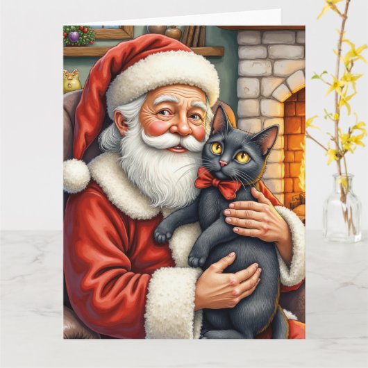 サンタクロースが黒猫を抱えるクリスマスアート カード (黄色い花)