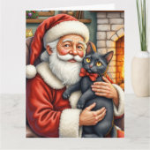 サンタクロースが黒猫を抱えるクリスマスアート カード (正面)