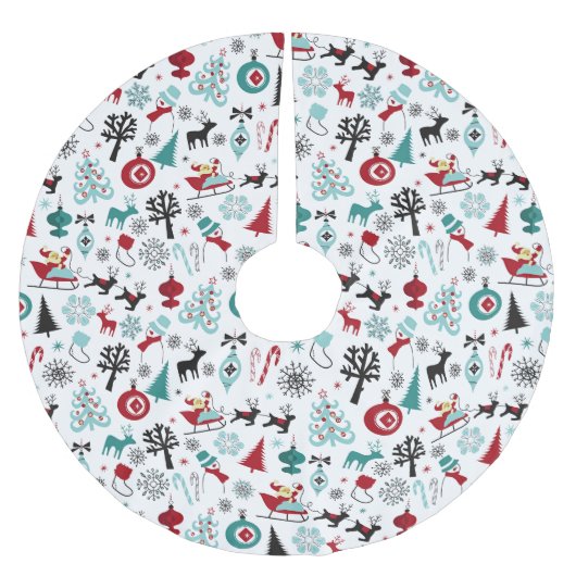 サンタクロースそりトナカイ松の木アートパターン ブラッシュドポリエステルツリースカート (正面)