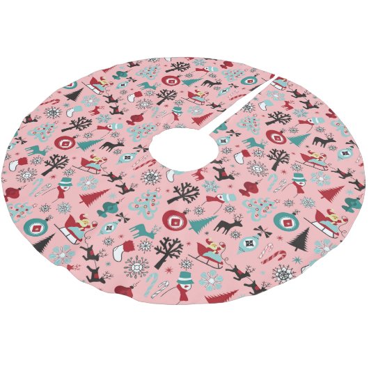 サンタクロースそりトナカイ松の木アートパターン ブラッシュドポリエステルツリースカート (アングル)