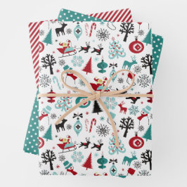 サンタクロースそりトナカイ松の木アートパターン ラッピングペーパーシート
