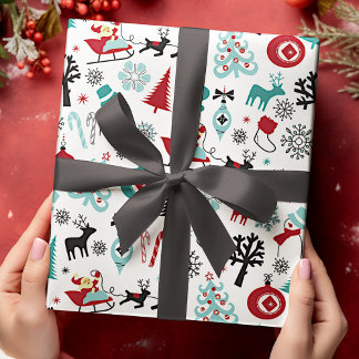 サンタクロースそりトナカイ松の木アートパターン ラッピングペーパー