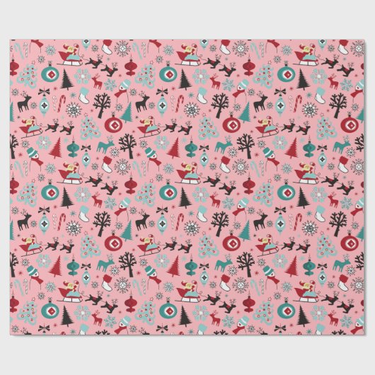 サンタクロースそりトナカイ松の木アートパターン ラッピングペーパー (フラット)