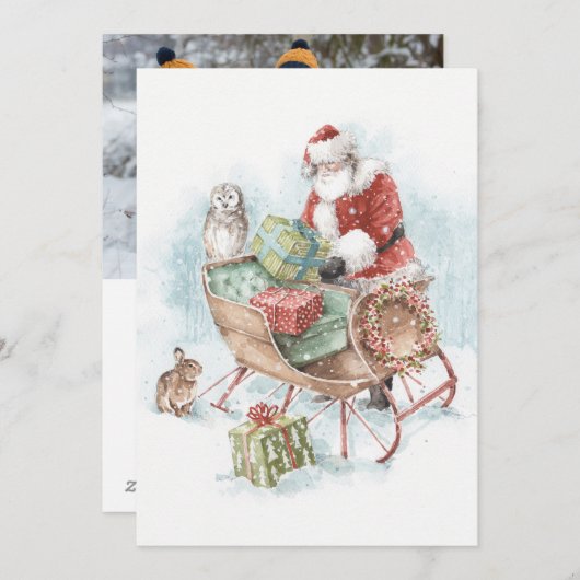 サンタクロースとそりを持つ森林動物たち シーズンカード (正面/裏面)