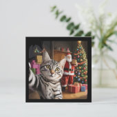 サンタクロースとのクリスマス猫のセルフィー かわいいホリデー シーズンカード (スタンド正面)