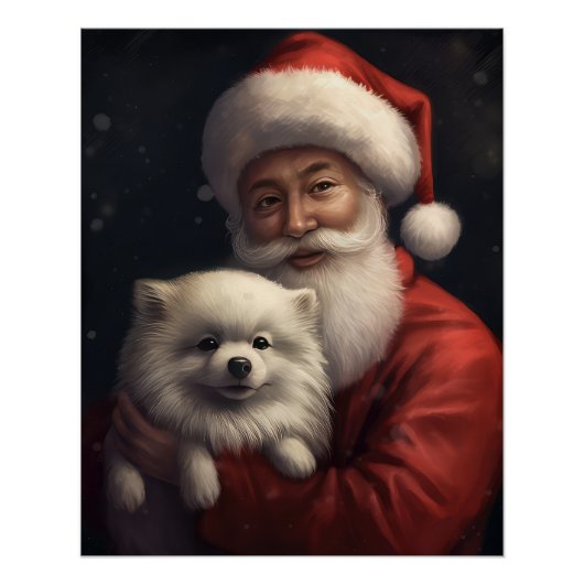 サンタクロースとアメリカン・エスキモー犬のクリスマス ポスター (正面)
