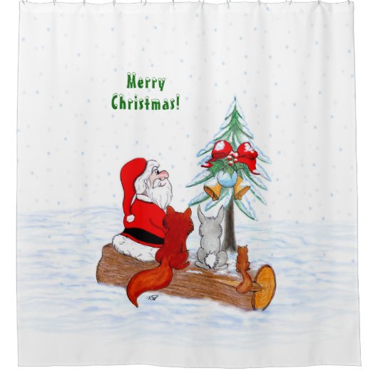 サンタクロースとウサギキツネとリス シャワーカーテン (正面)