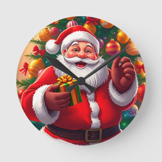 サンタクロースとクリスマスツリーとギフト ラウンド壁時計 (正面)
