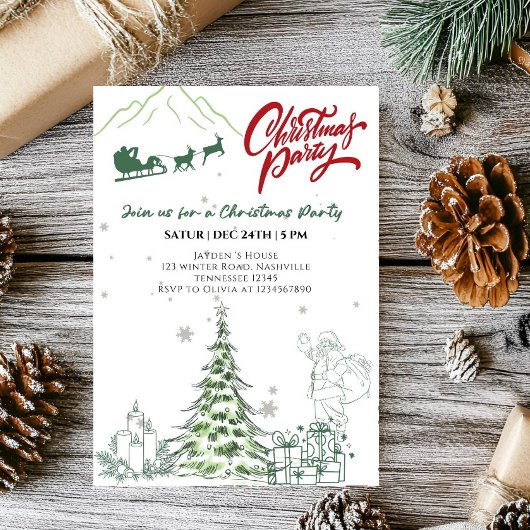 サンタクロースとクリスマスツリーのホリデーパーティー 招待状