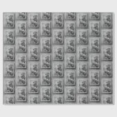 サンタクロースとクリスマスツリーの白黒 ラッピングペーパー (フラット)