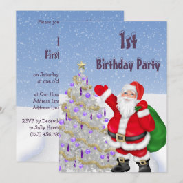 サンタクロースとクリスマスツリーの1歳の誕生日 招待状