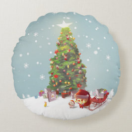 サンタクロースとクリスマスツリー ラウンドクッション