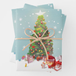 サンタクロースとクリスマスツリー ラッピングペーパーシート