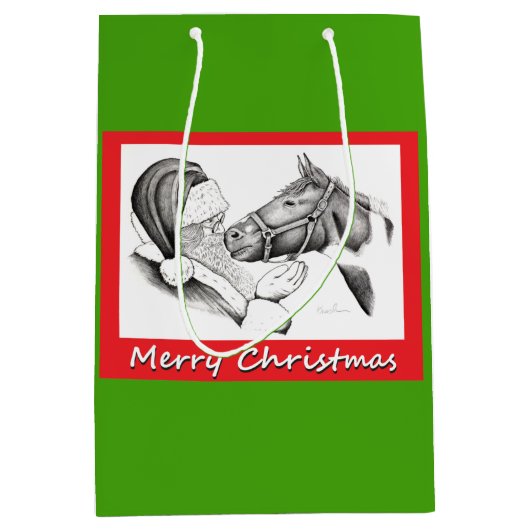 サンタクロースとクリスマスホース ミディアムペーパーバッグ (正面)