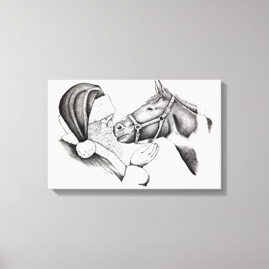 サンタクロースとクリスマス絵を描の馬 キャンバスプリント (正面)