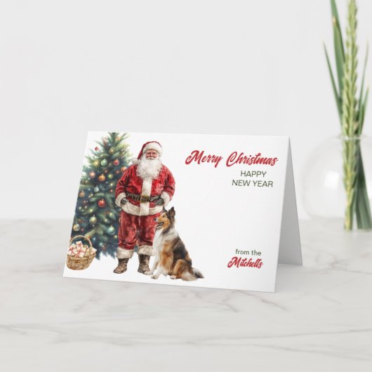 サンタクロースとコリー犬のクリスマス シーズンカード (正面)