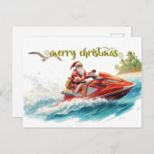 サンタクロースとジェットスキーでクリスマス休暇 シーズンポストカード (正面/裏面)