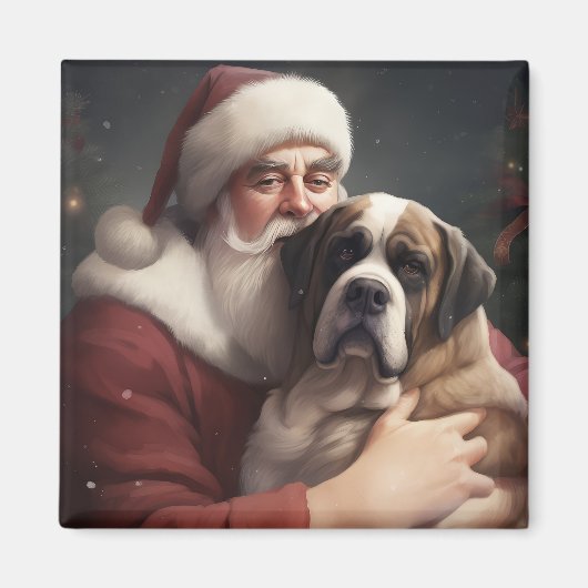 サンタクロースとセントバーナードのクリスマス マグネット (正面)