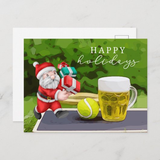 サンタクロースとテニスのハッピーホリデー ポストカード (正面/裏面)