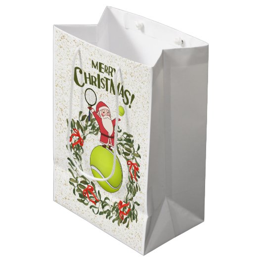 サンタクロースとテニスのメリークリスマス ミディアムペーパーバッグ (正面アングル)