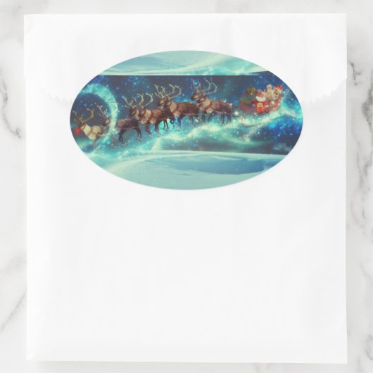 サンタクロースとトナカイそりのクリスマス 楕円形シール (バッグ)