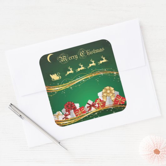 サンタクロースとトナカイとのクリスマスグリーティング スクエアシール (封筒)