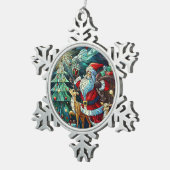 サンタクロースとトナカイに贈り物を スノーフレークピューターオーナメント (右)