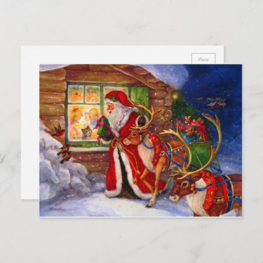 サンタクロースとトナカイのクリスマス シーズンポストカード (正面/裏面)