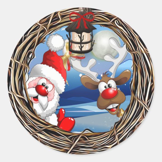 サンタクロースとトナカイのクリスマス ラウンドシール (正面)