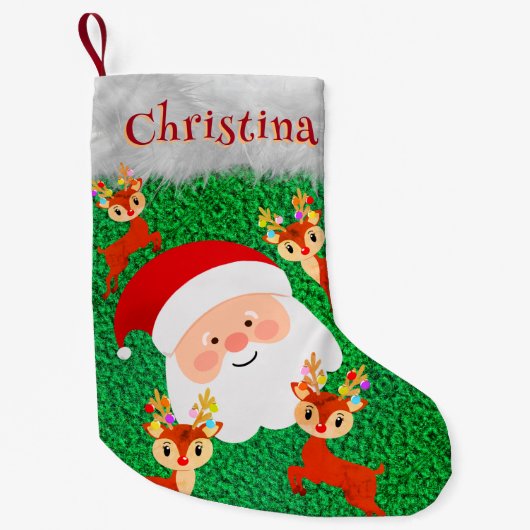 サンタクロースとトナカイの可愛いパーソナライズされた名前 スモールクリスマスストッキング (正面)