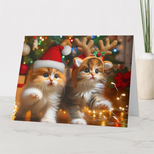 サンタクロースとトナカイの帽子が可愛い子猫 サンキューカード (正面)