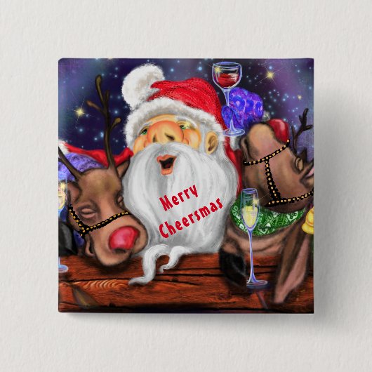 サンタクロースとトナカイの面白いクリスマスボタン 缶バッジ (正面)