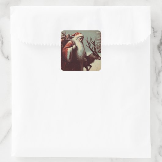 サンタクロースとトナカイヴィンテージイラストレーション スクエアシール (バッグ)