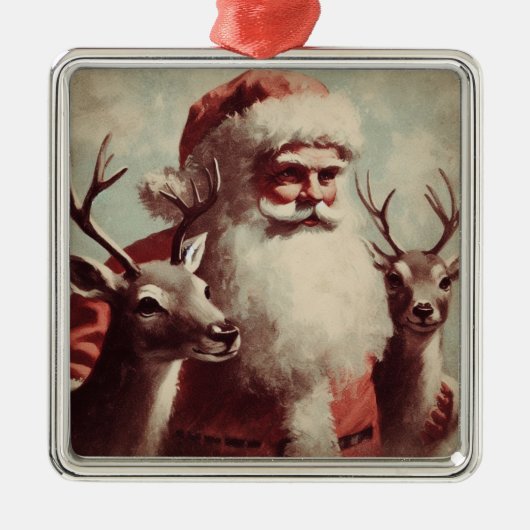 サンタクロースとトナカイヴィンテージイラストレーション メタルオーナメント (正面)