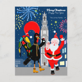 サンタクロースとニワトリが新年を祝う ポストカード