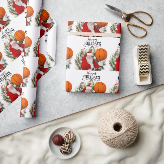サンタクロースとバスケットボールクリスマス ラッピングペーパー (クラフト)