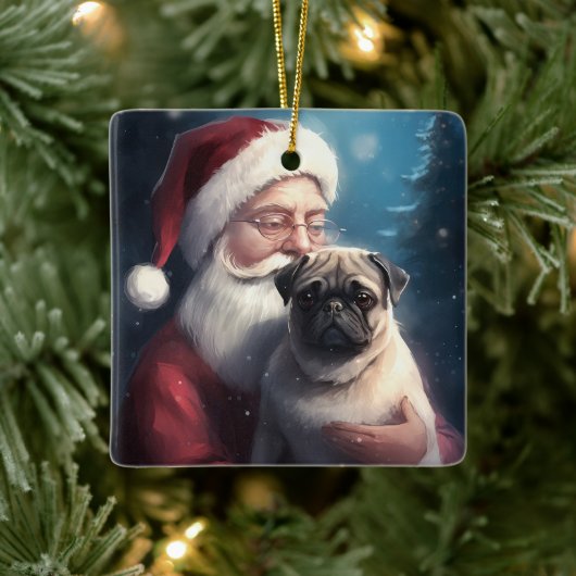 サンタクロースとパグのクリスマス セラミックオーナメント (ツリー)