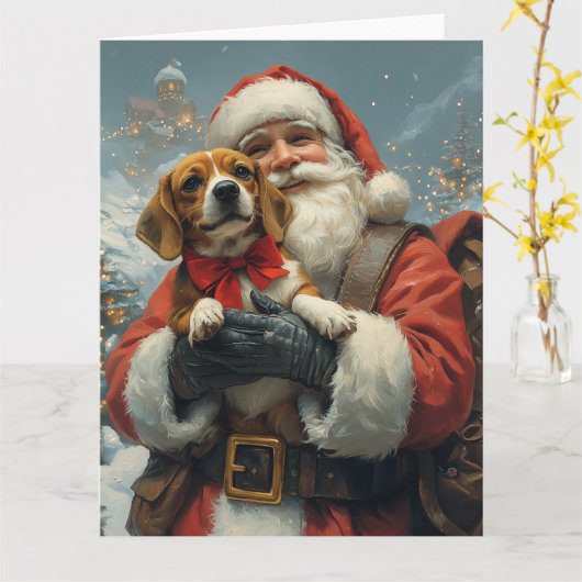 サンタクロースとビーグル犬のクリスマス カード (黄色い花)