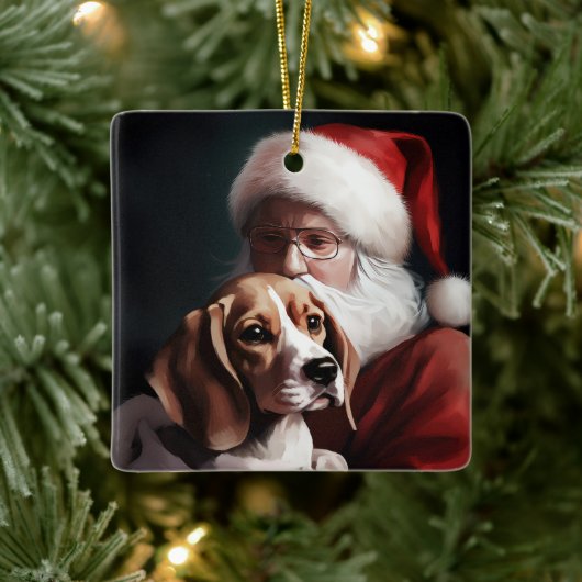 サンタクロースとビーグル犬のクリスマス セラミックオーナメント (ツリー)