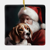サンタクロースとビーグル犬のクリスマス セラミックオーナメント (正面)