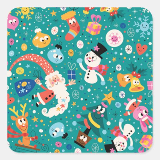 サンタクロースとフレンズメリーパターン スクエアシール (正面)