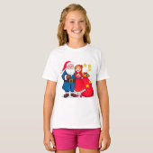 サンタクロースとプレゼント袋を持った女の子 Tシャツ (正面フル)