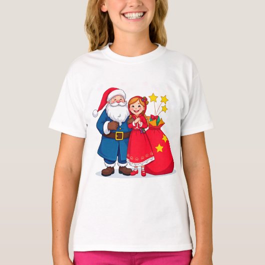 サンタクロースとプレゼント袋を持った女の子 Tシャツ (正面)