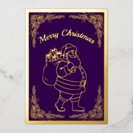 サンタクロースとプレゼント、紫、金ゴールド 箔シーズンカード