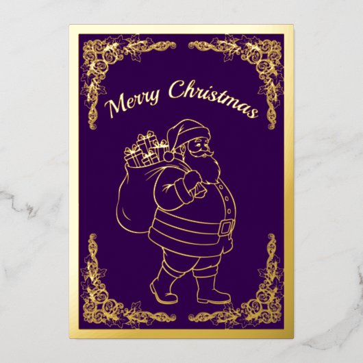 サンタクロースとプレゼント、紫、金ゴールド 箔シーズンカード (正面)