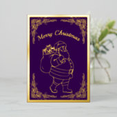サンタクロースとプレゼント、紫、金ゴールド 箔シーズンカード (立ち正面)