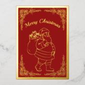 サンタクロースとプレゼント、赤、金ゴールド 箔シーズンカード (正面)